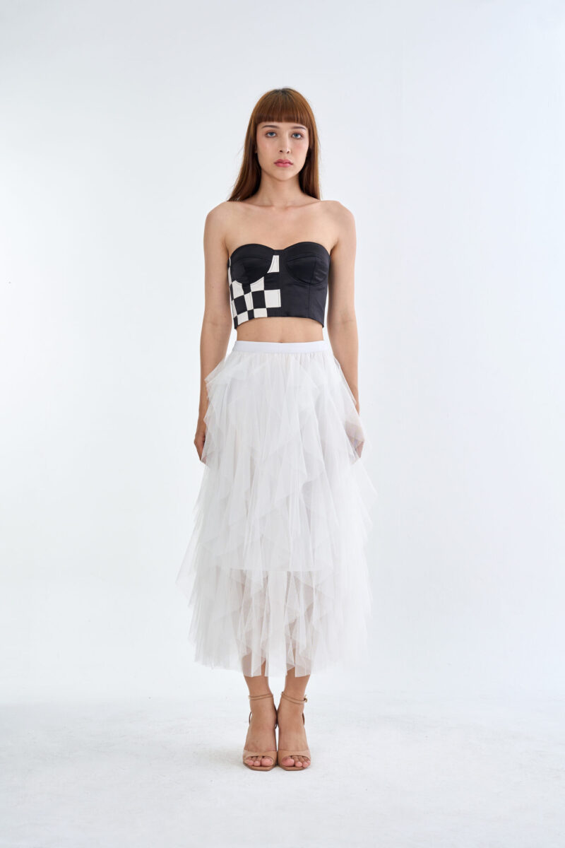 Checkmate Checkerboard Corset Top with White Cloud Layered Tulle Skirt