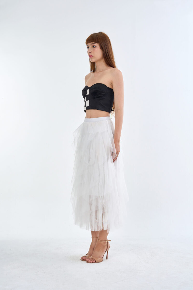 Checkmate Checkerboard Corset Top with White Cloud Layered Tulle Skirt