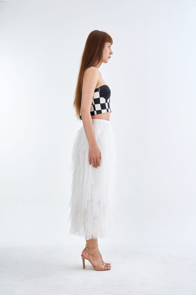 Checkmate Checkerboard Corset Top with White Cloud Layered Tulle Skirt