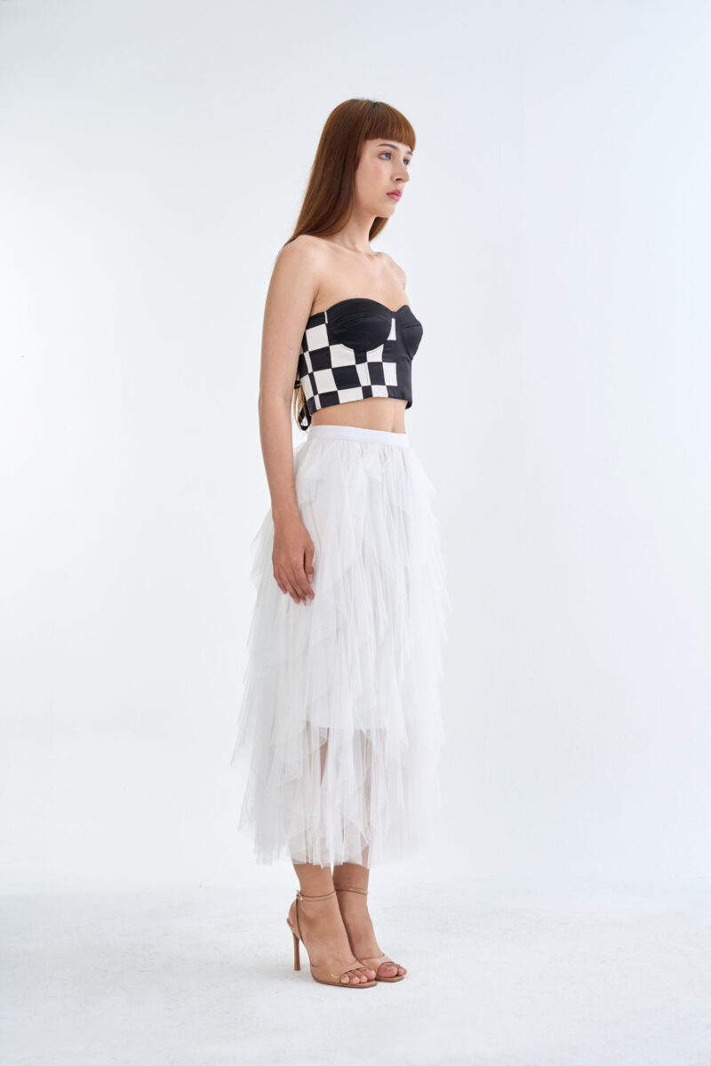 Checkmate Checkerboard Corset Top with White Cloud Layered Tulle Skirt