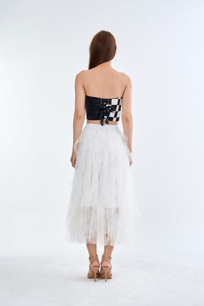 Checkmate Checkerboard Corset Top with White Cloud Layered Tulle Skirt