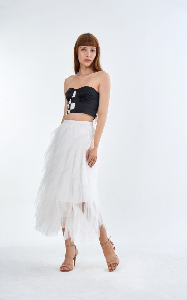 Checkmate Checkerboard Corset Top with White Cloud Layered Tulle Skirt