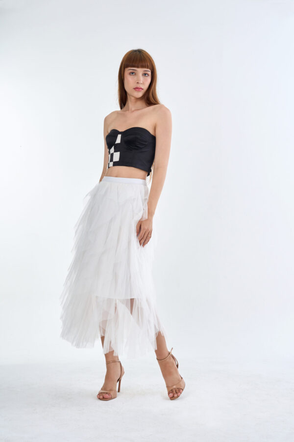 Checkmate Checkerboard Corset Top with White Cloud Layered Tulle Skirt