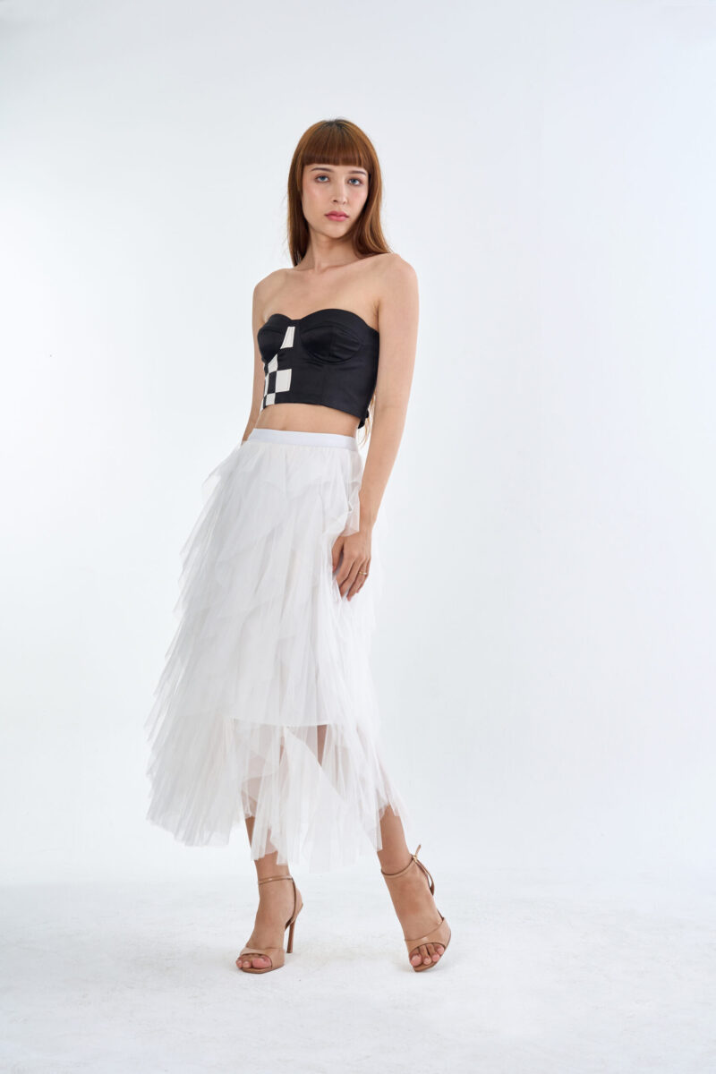 Checkmate Checkerboard Corset Top with White Cloud Layered Tulle Skirt