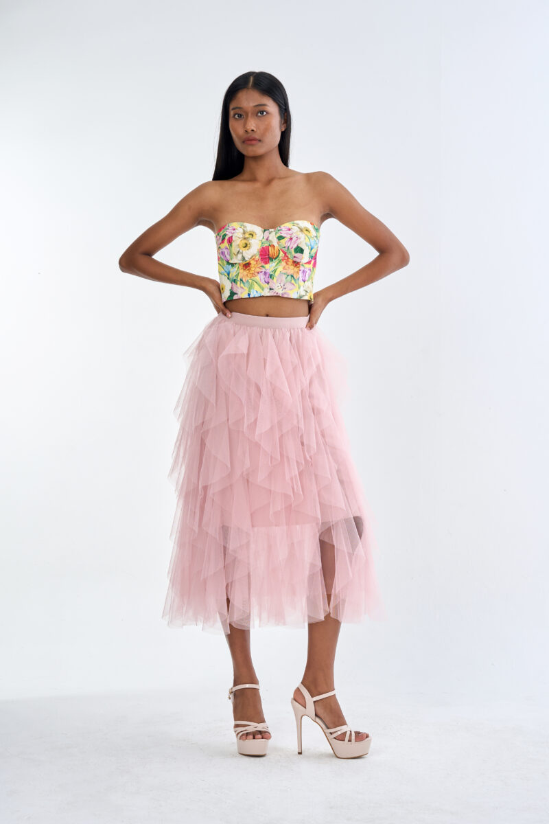 Secret Garden Floral Corset Top with Pink Romance Layered Tulle Skirt