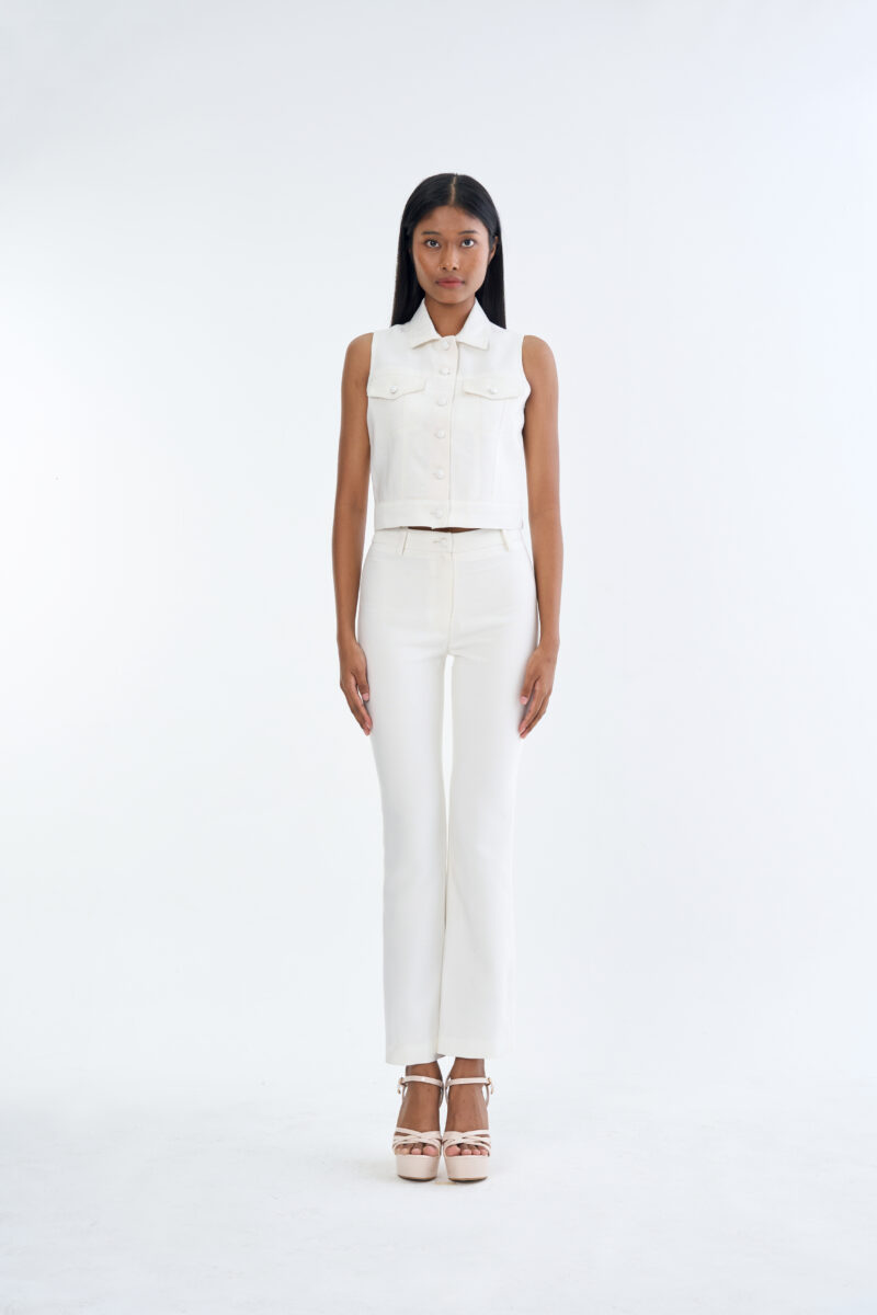 White Jacket Sleeveless with White Bootcut Pants