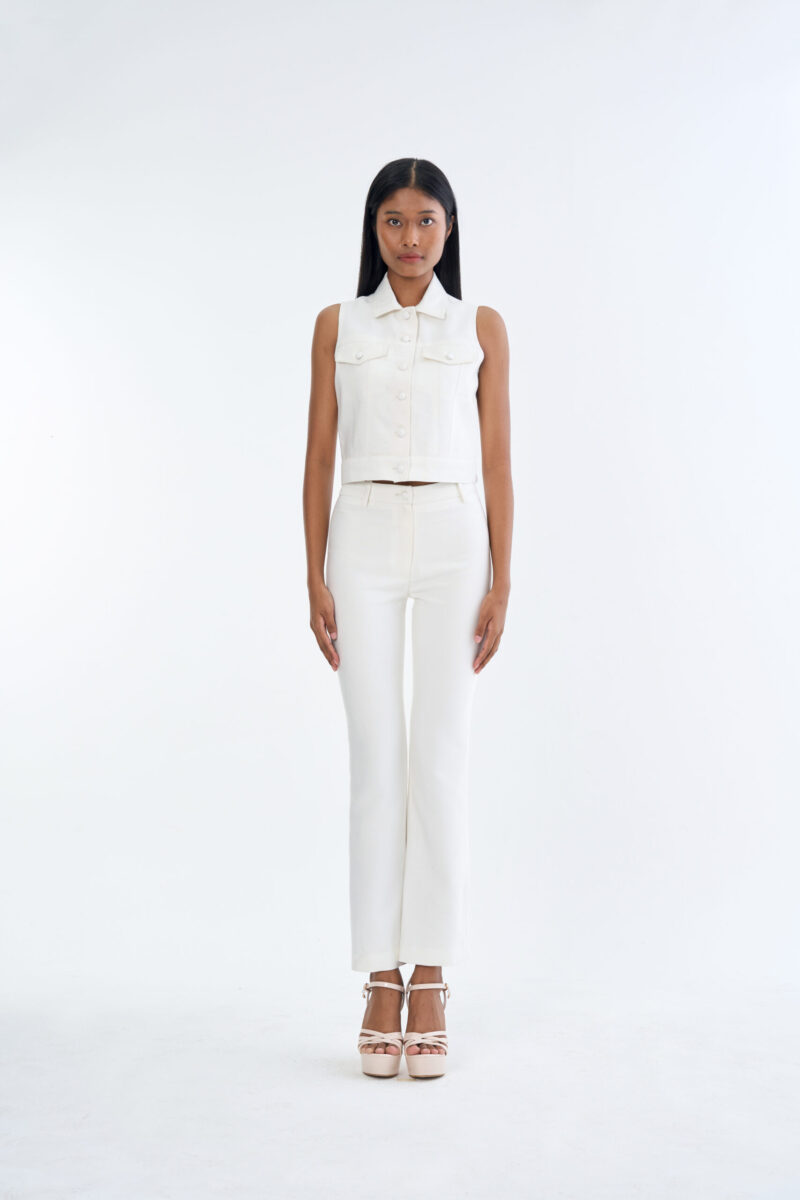 White Jacket Sleeveless with White Bootcut Pants