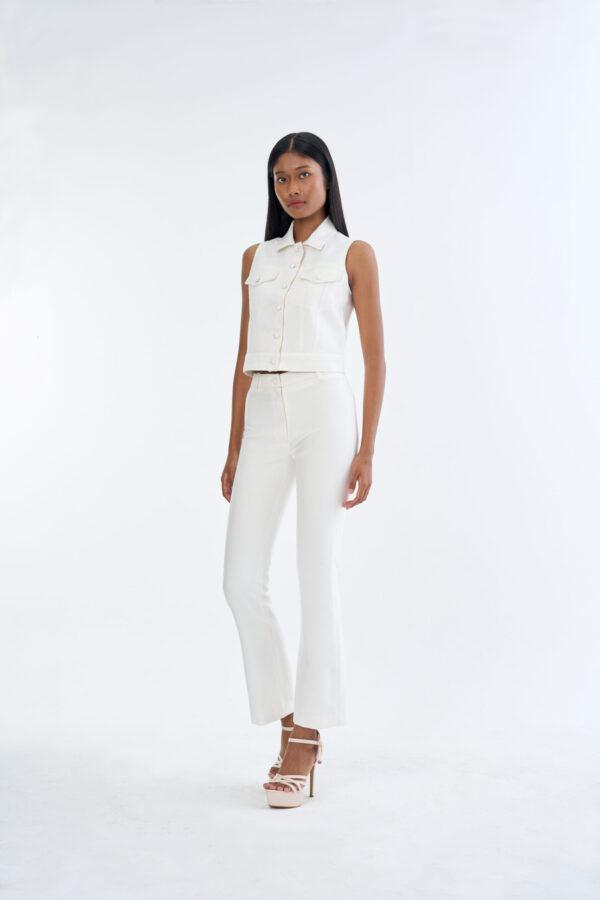 White Jacket Sleeveless with White Bootcut Pants