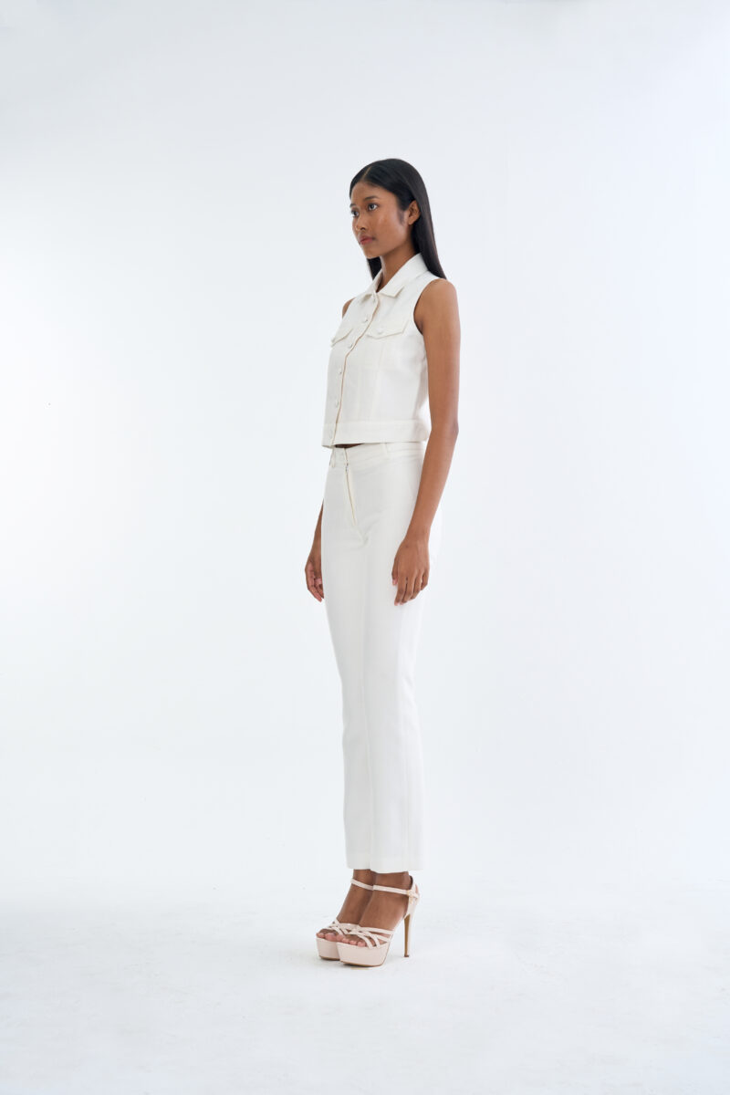 White Jacket Sleeveless with White Bootcut Pants