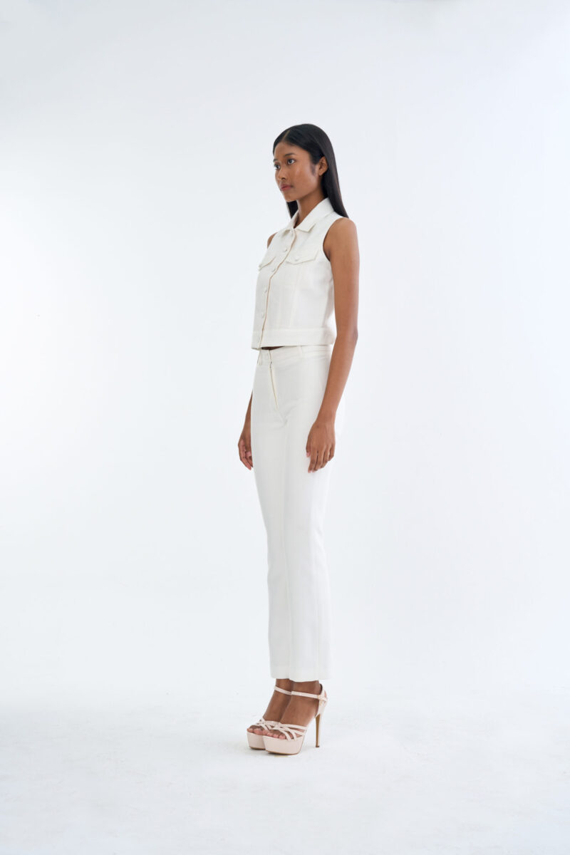 White Jacket Sleeveless with White Bootcut Pants