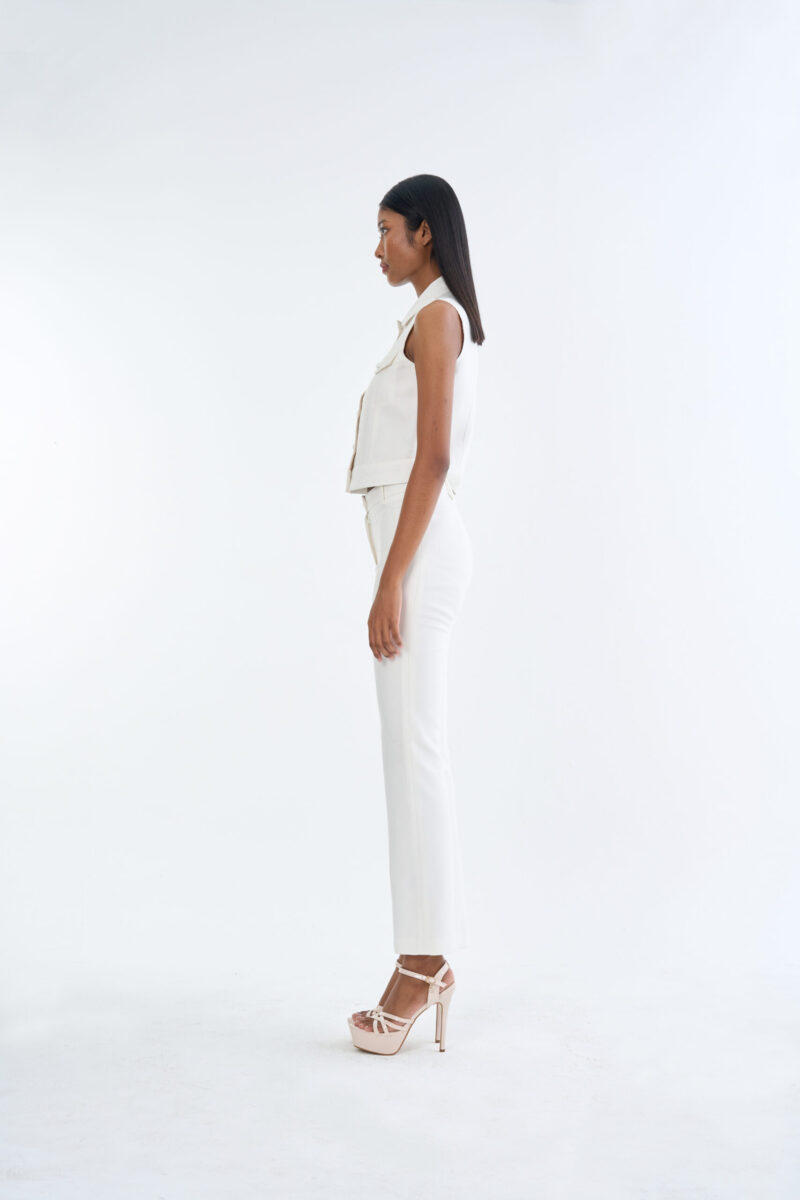 White Jacket Sleeveless with White Bootcut Pants