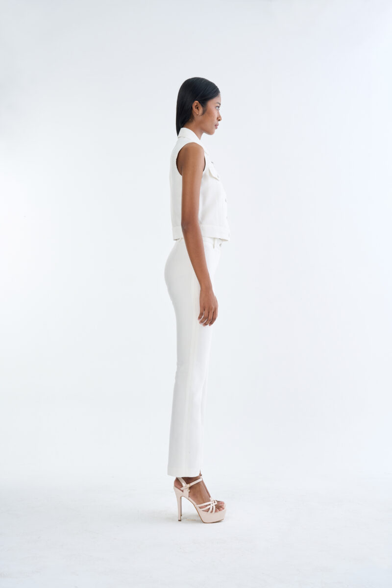 White Jacket Sleeveless with White Bootcut Pants