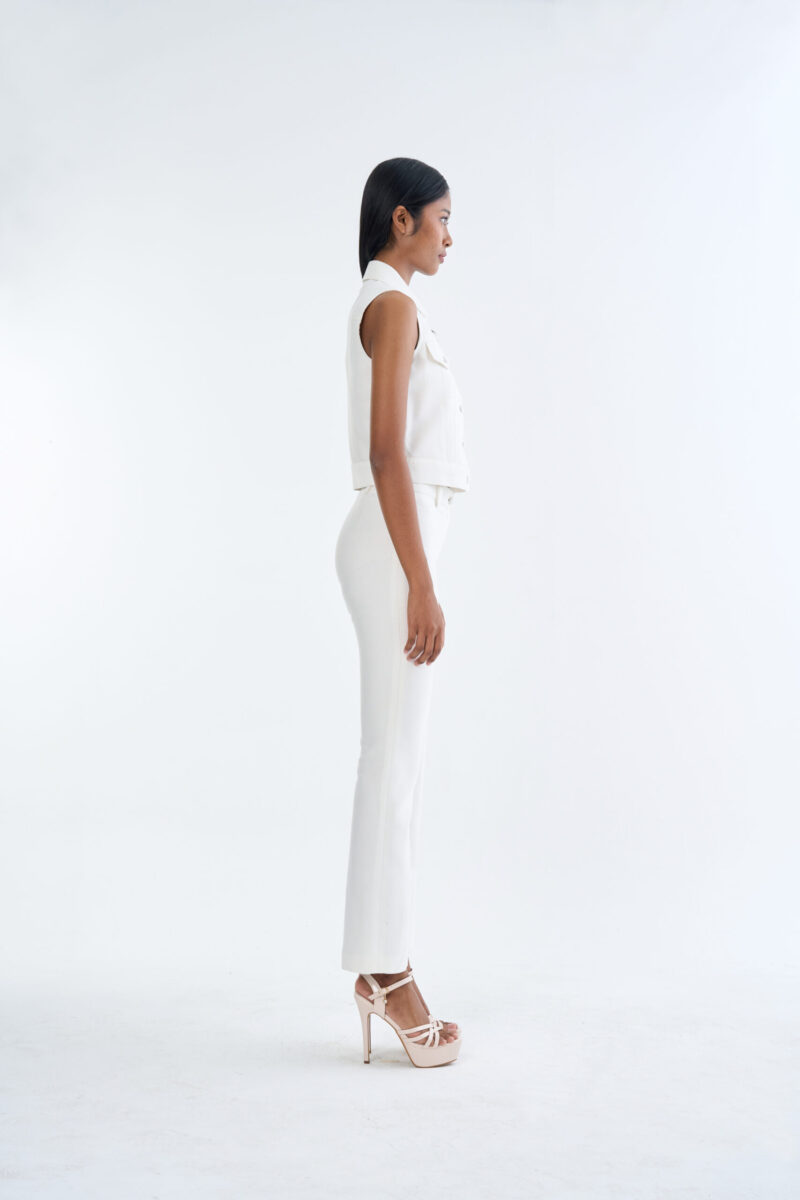 White Jacket Sleeveless with White Bootcut Pants