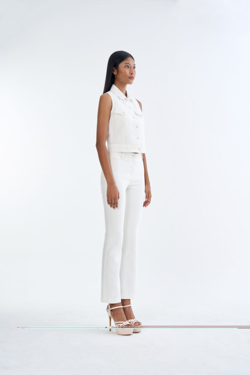 White Jacket Sleeveless with White Bootcut Pants