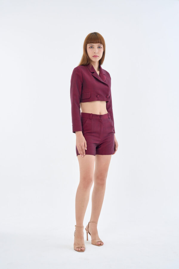 Burgundy Crop Blazer & Shorts Set - Premium Wine Red Suit