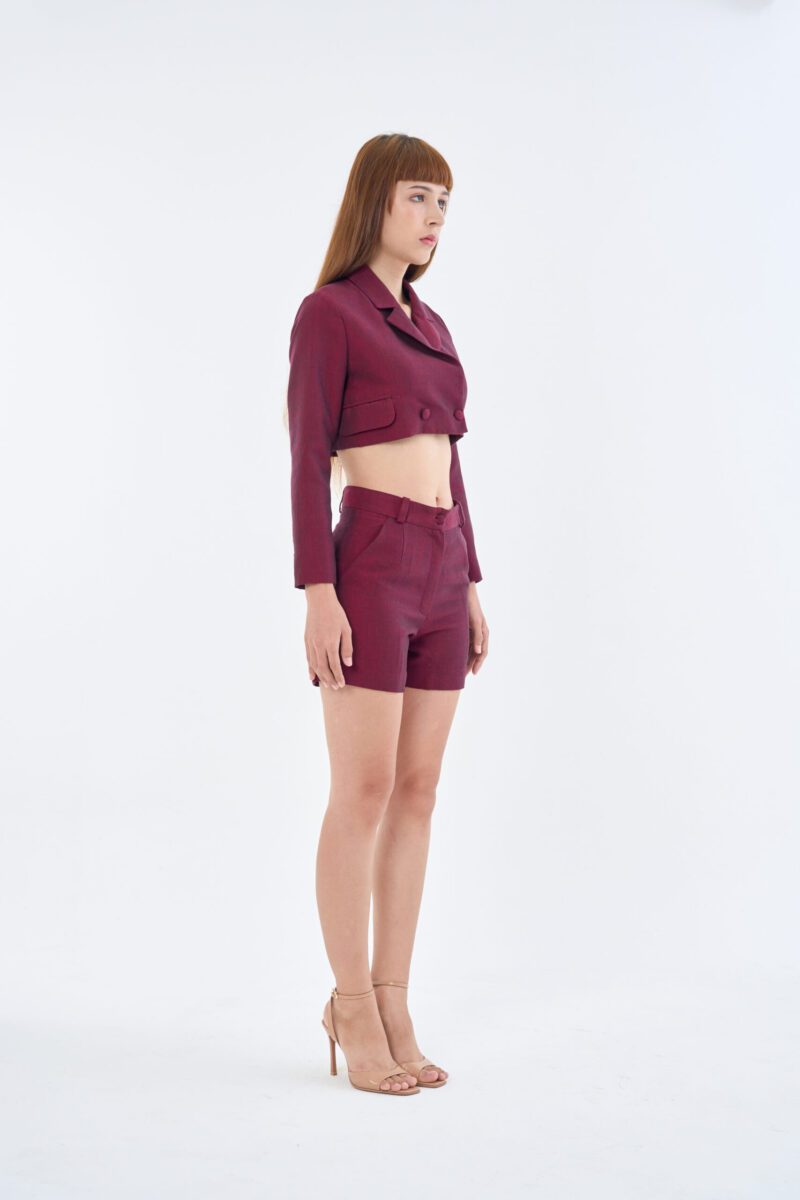 Burgundy Crop Blazer & Shorts Set - Premium Wine Red Suit