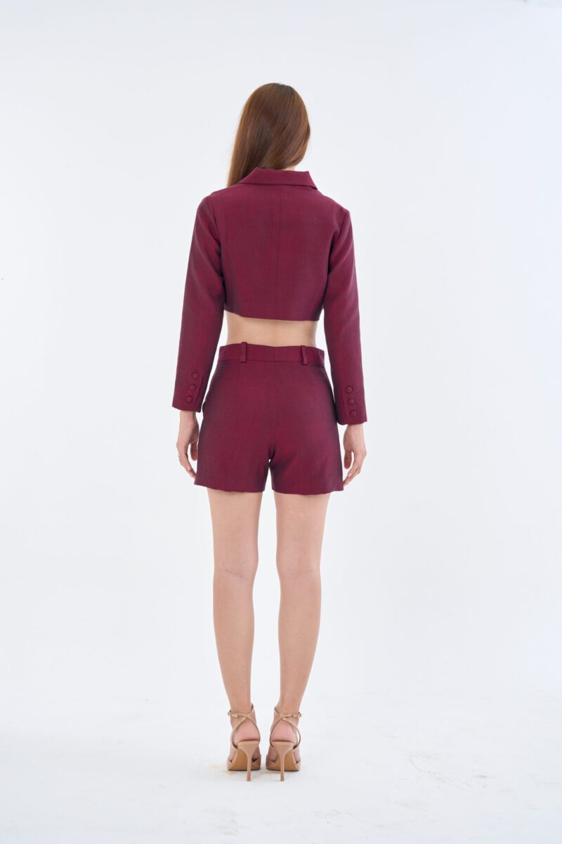 Burgundy Crop Blazer & Shorts Set - Premium Wine Red Suit