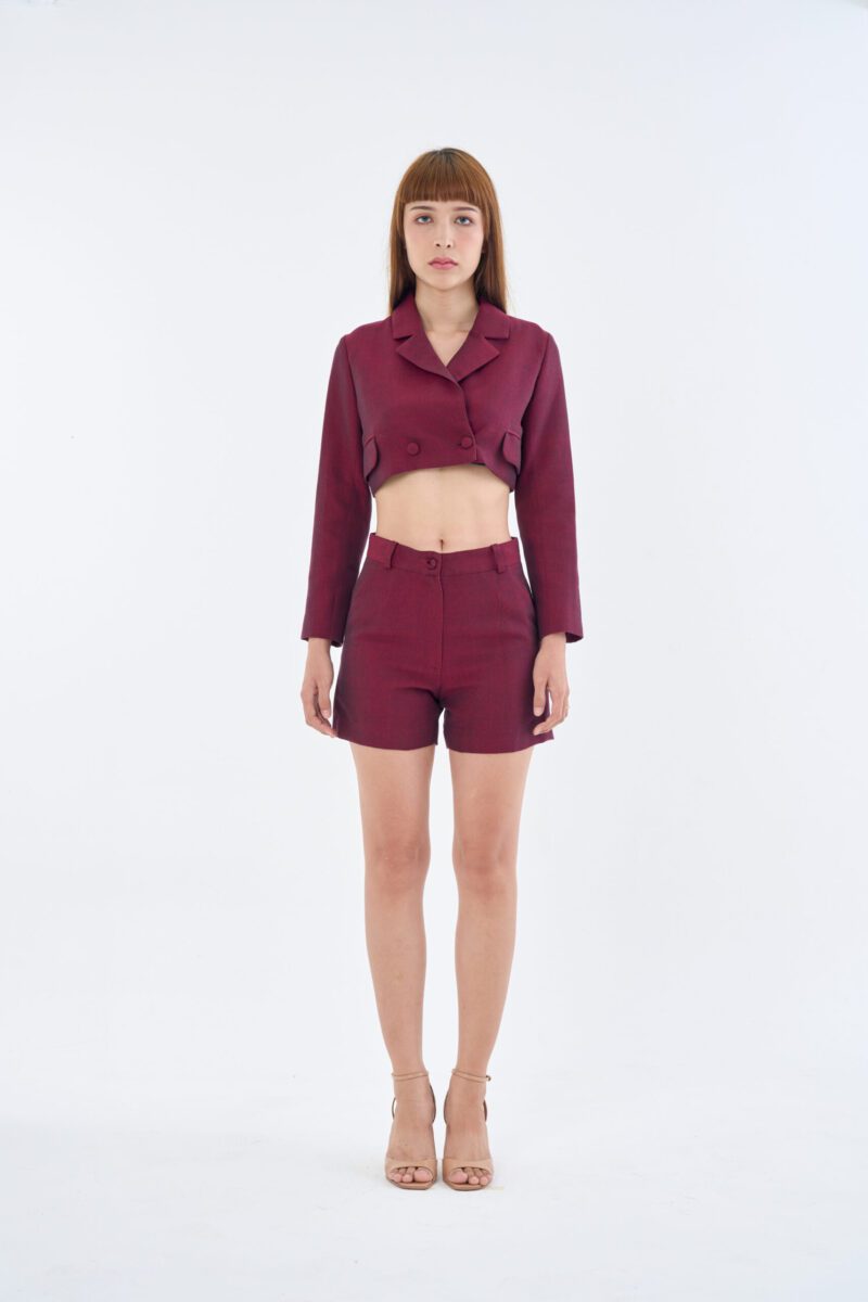 Burgundy Crop Blazer & Shorts Set - Premium Wine Red Suit