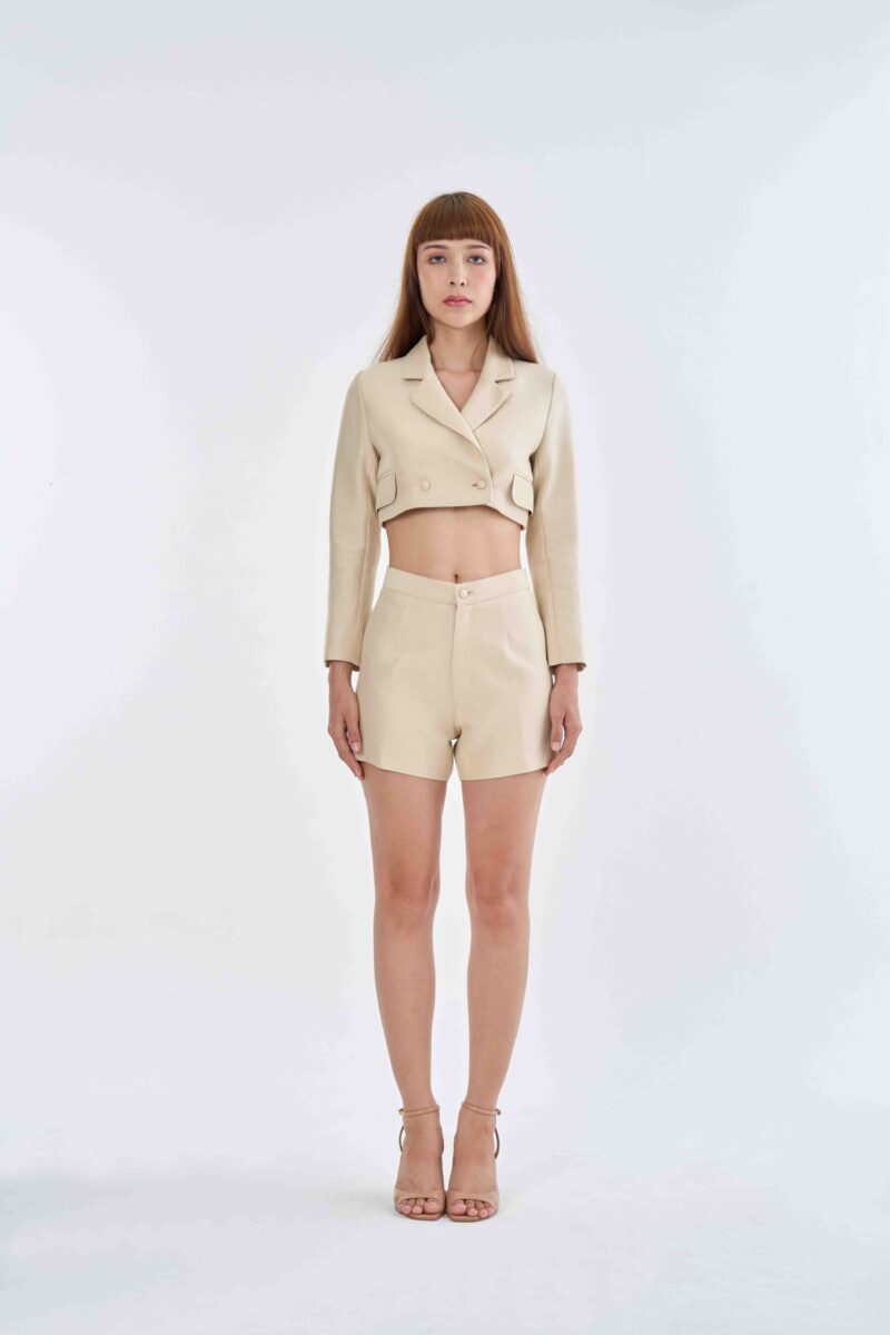 Cream Tailored Crop Suit with Short Pants