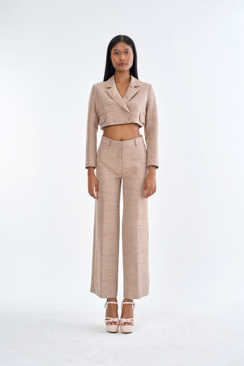 Taupe Tailored Crop Suit with Long Pants