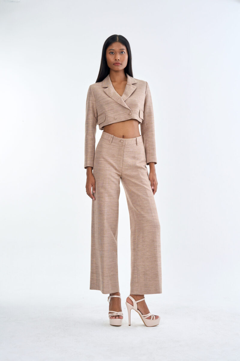 Taupe Tailored Crop Suit with Long Pants