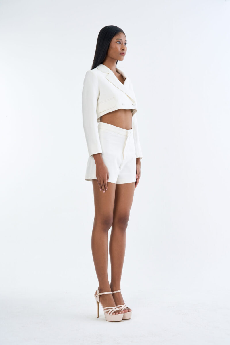 White Crop Blazer & Shorts Set - Premium Cotton Suit