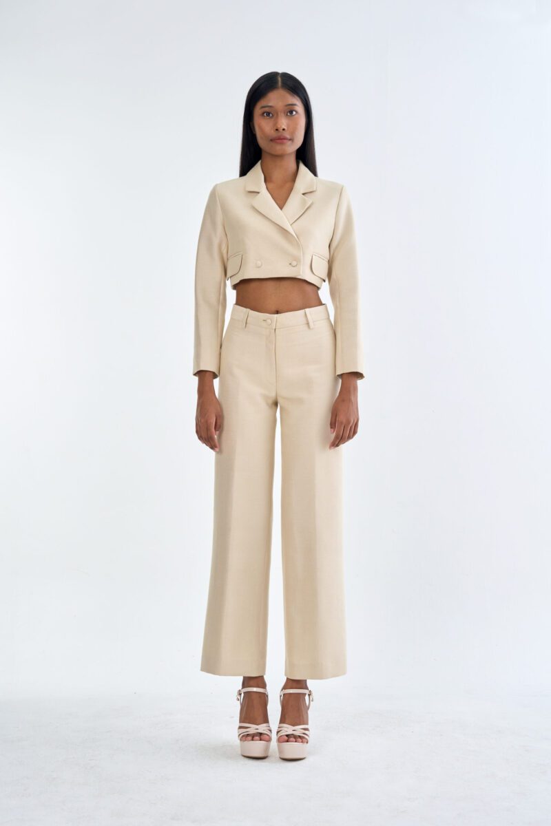Beige Tailored Crop Suit with Long Pants