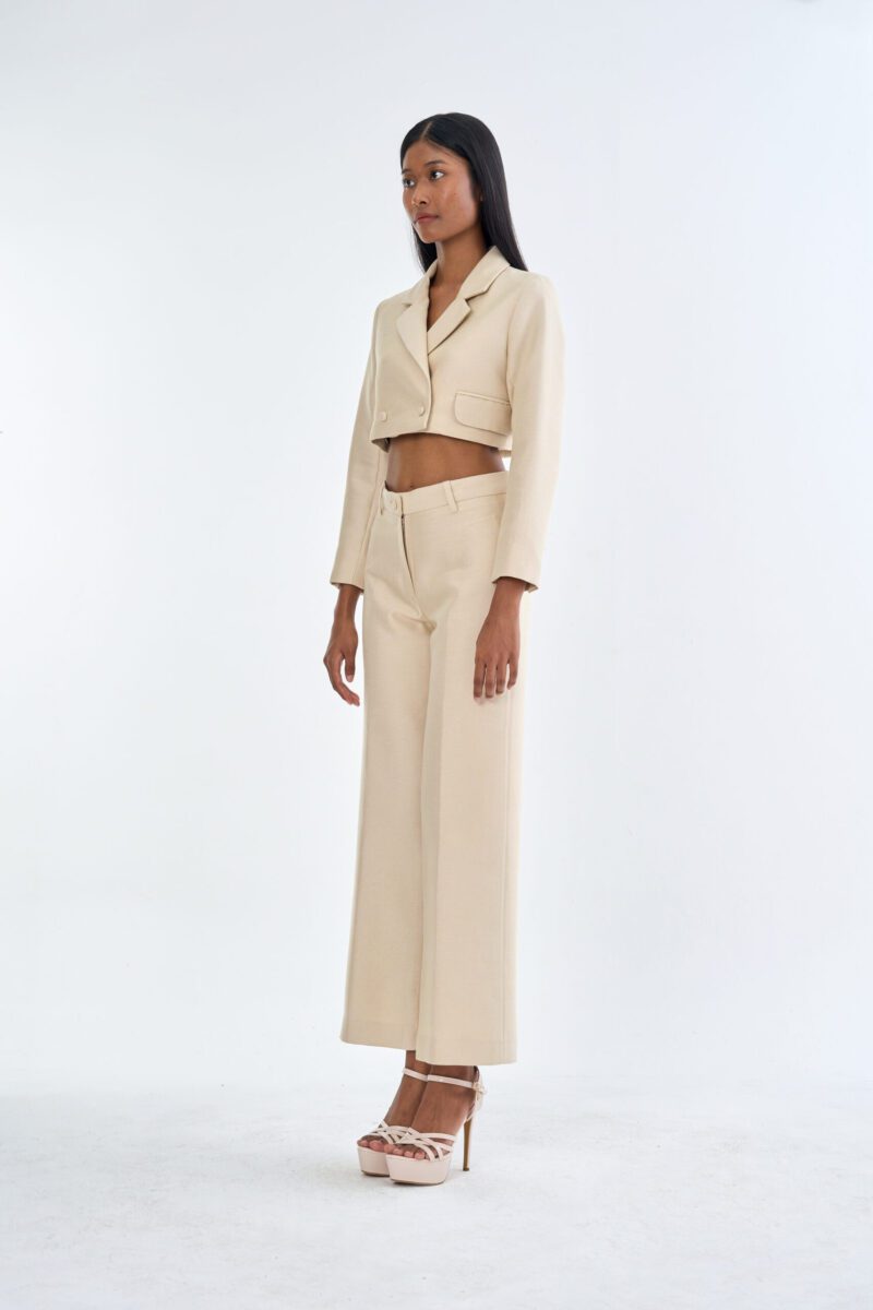 Beige Tailored Crop Suit with Long Pants