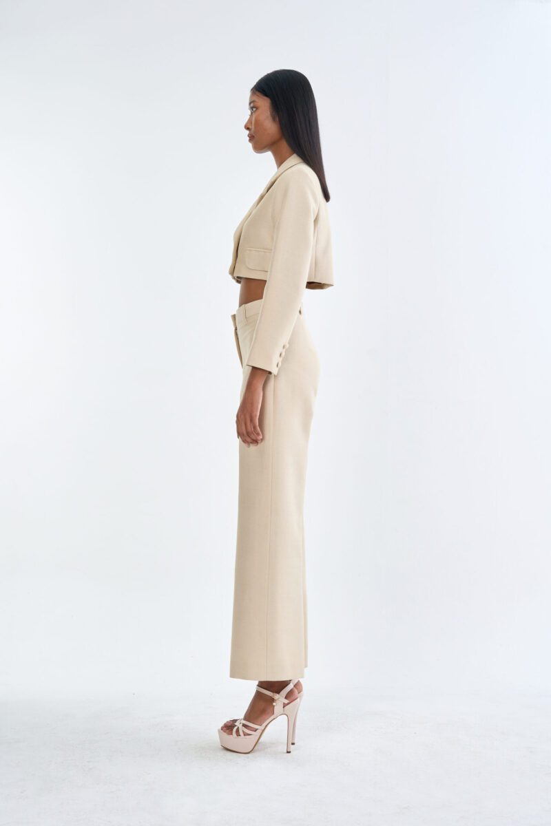 Beige Tailored Crop Suit with Long Pants