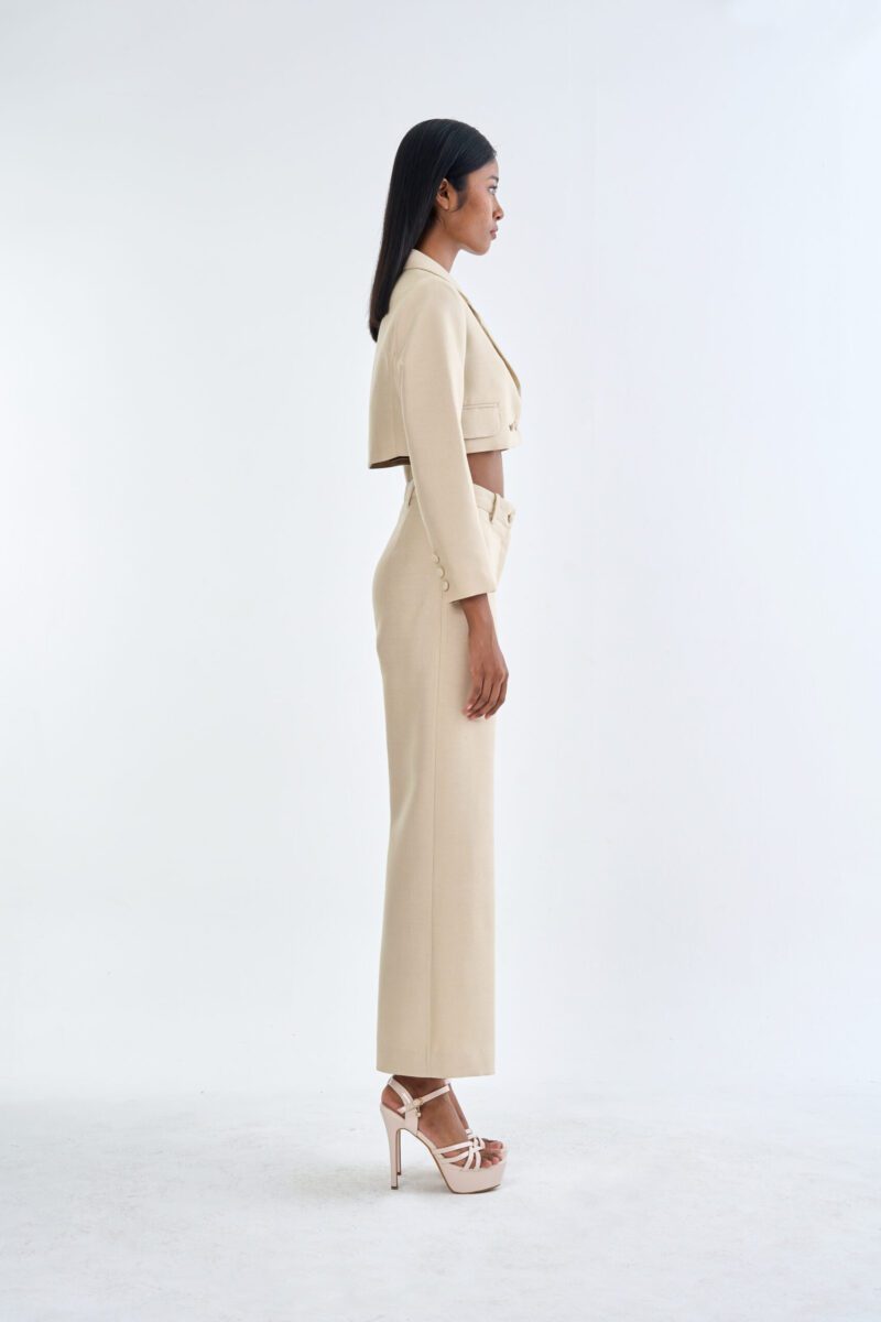 Beige Tailored Crop Suit with Long Pants
