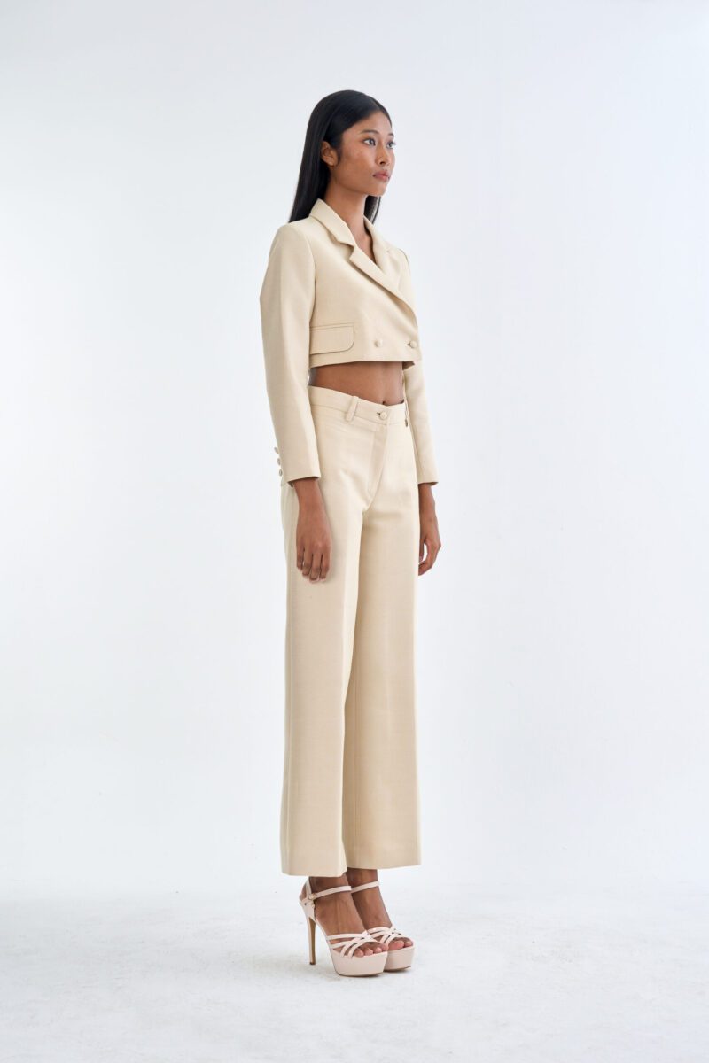 Beige Tailored Crop Suit with Long Pants