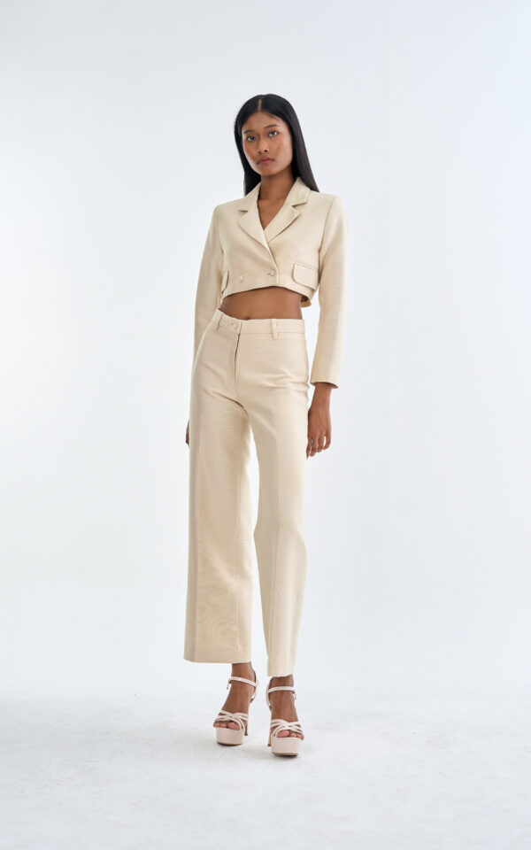 Beige Tailored Crop Suit with Long Pants