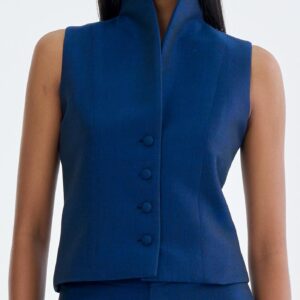 Navy Blue Wing Collar Sleeveless Tops