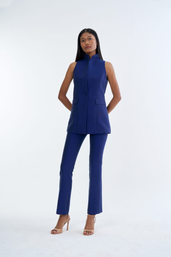 Royal Blue Long Wing Collar Sleeveless Tops with Long Pants