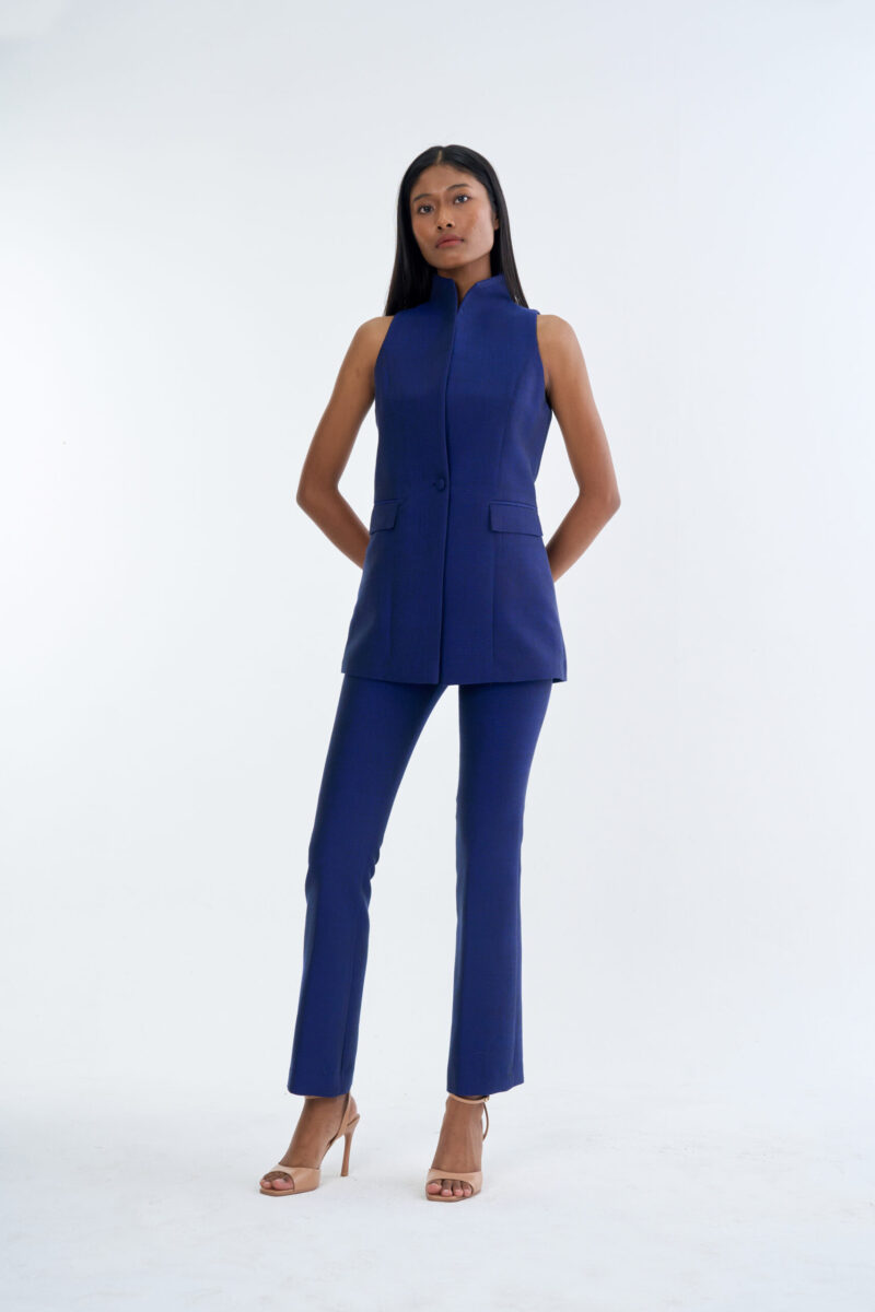 Royal Blue Long Wing Collar Sleeveless Tops with Long Pants