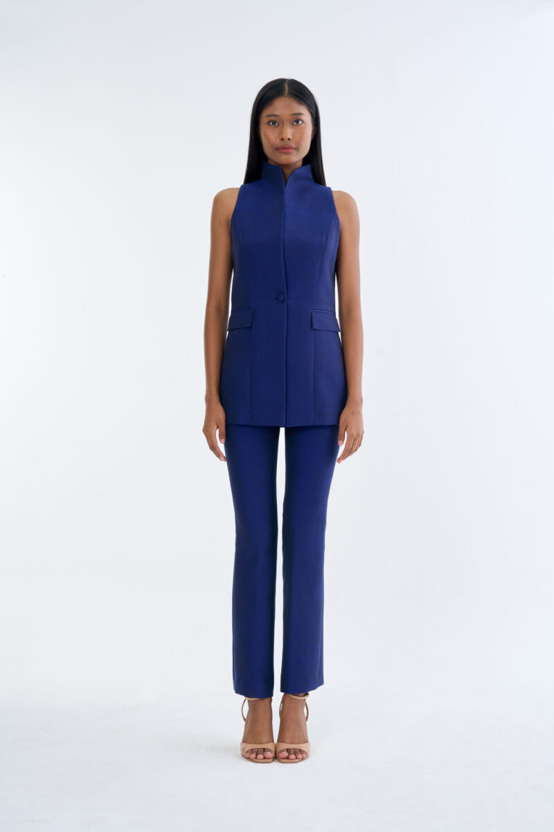 Royal Blue Long Wing Collar Sleeveless Tops with Long Pants