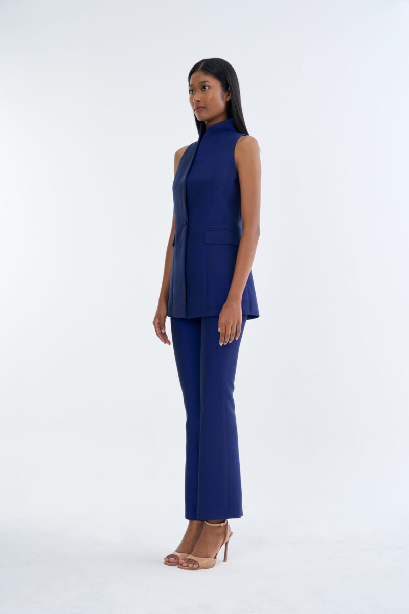 Royal Blue Long Wing Collar Sleeveless Tops with Long Pants