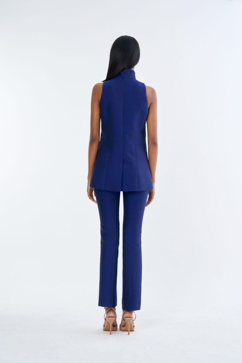 Royal Blue Long Wing Collar Sleeveless Tops with Long Pants