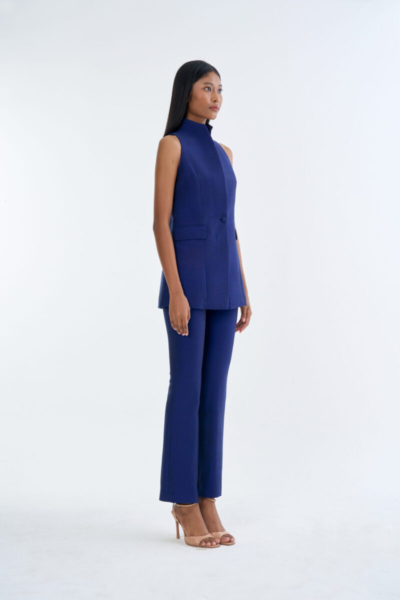 Royal Blue Long Wing Collar Sleeveless Tops with Long Pants