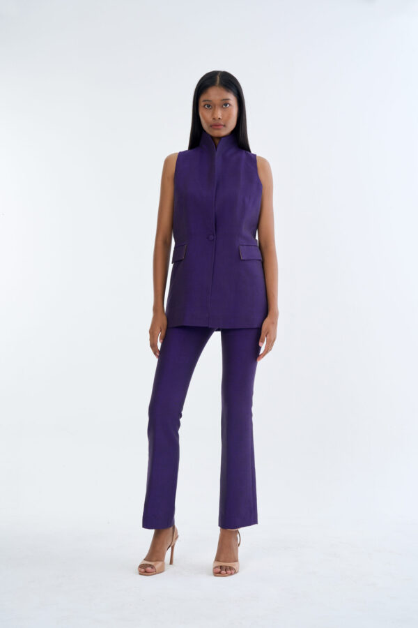 Royal Purple Long Wing Collar Sleeveless Tops with Long Pants
