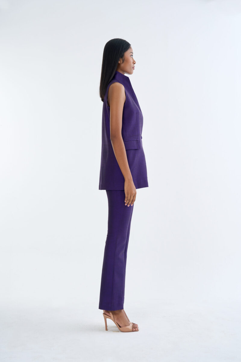 Royal Purple Long Wing Collar Sleeveless Tops with Long Pants