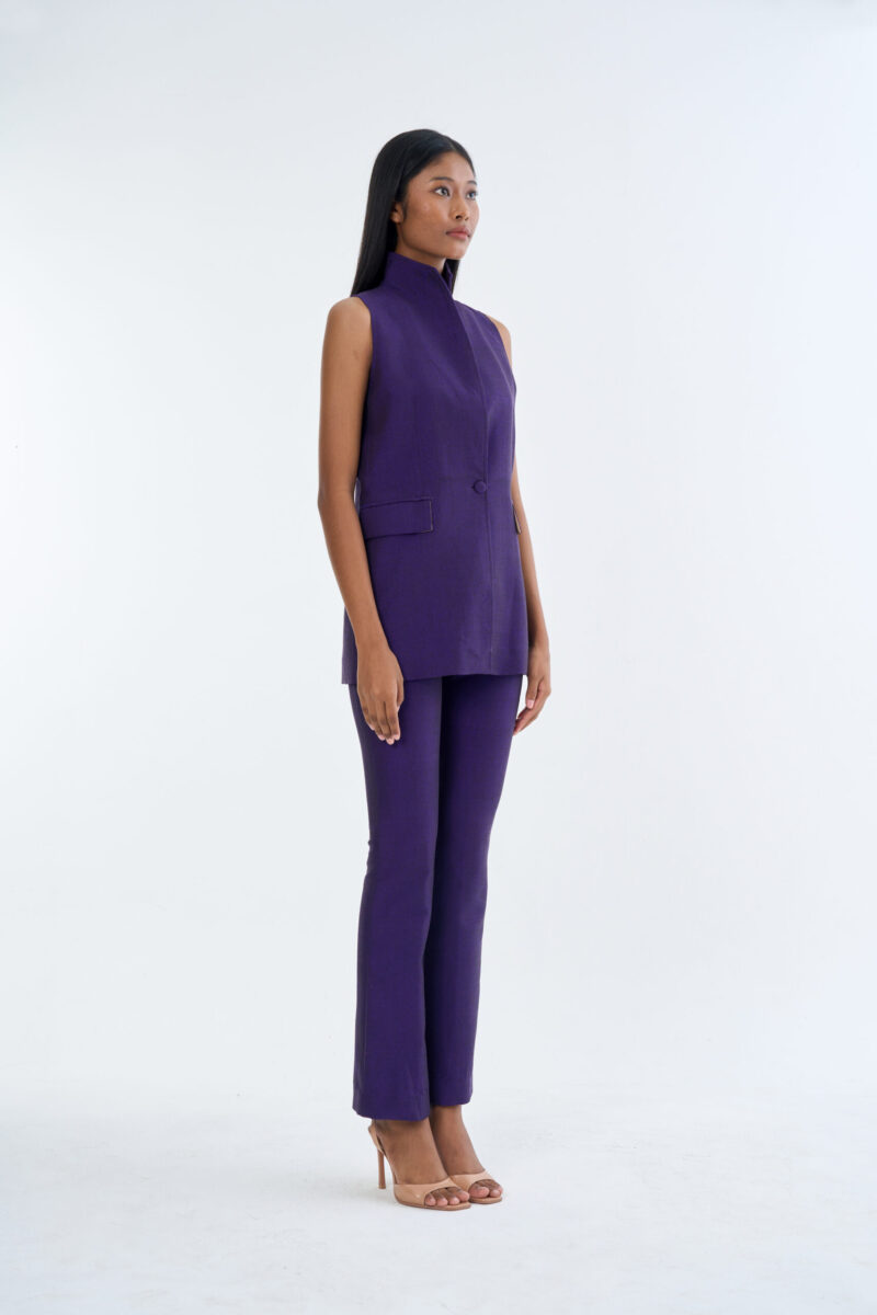 Royal Purple Long Wing Collar Sleeveless Tops with Long Pants