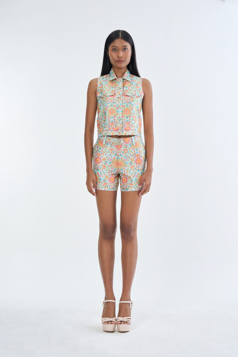 Indian Floral Medallion Jacket Sleeveless with Short Pants
