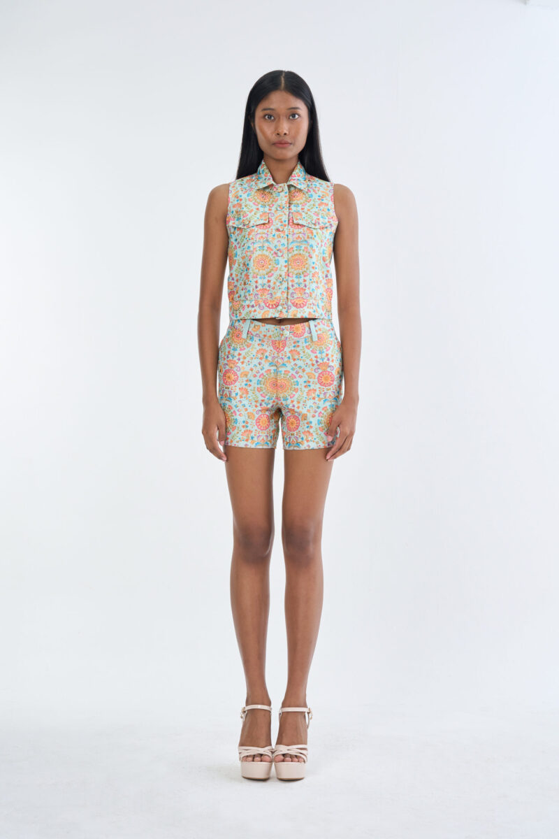 Indian Floral Medallion Jacket Sleeveless with Short Pants