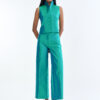 Emerald Wing Collar Sleeveless Tops with Wide-Leg Pants