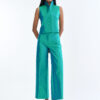 Emerald Wing Collar Sleeveless Tops with Wide-Leg Pants