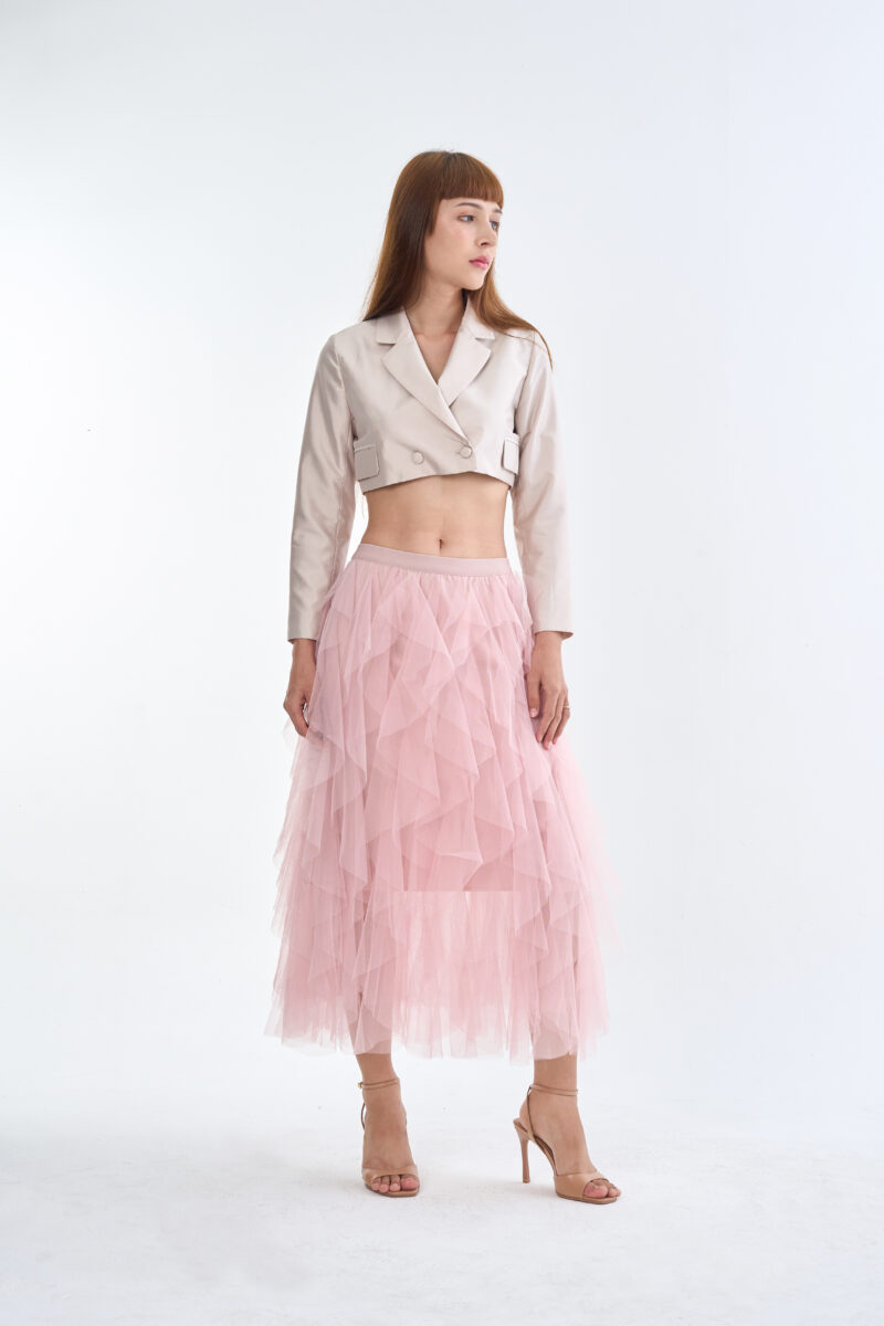 Taupe Tailored Crop Suit with Pink Romance Layered Tulle Skirt