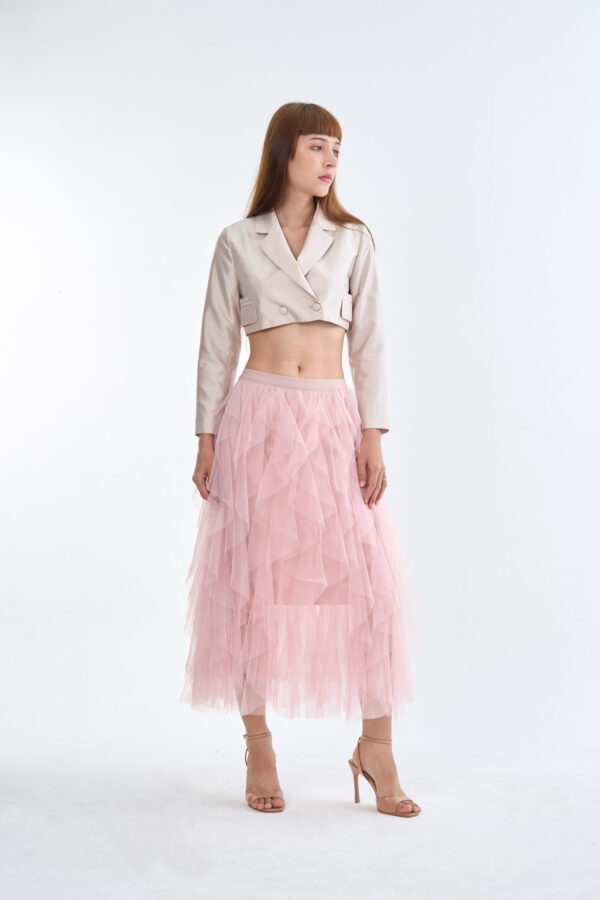 Taupe Tailored Crop Suit with Pink Romance Layered Tulle Skirt