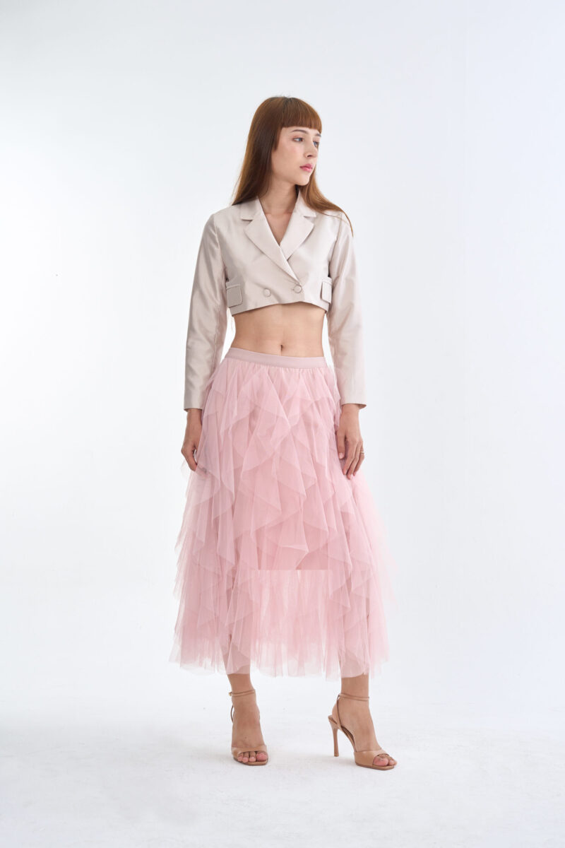 Taupe Tailored Crop Suit with Pink Romance Layered Tulle Skirt