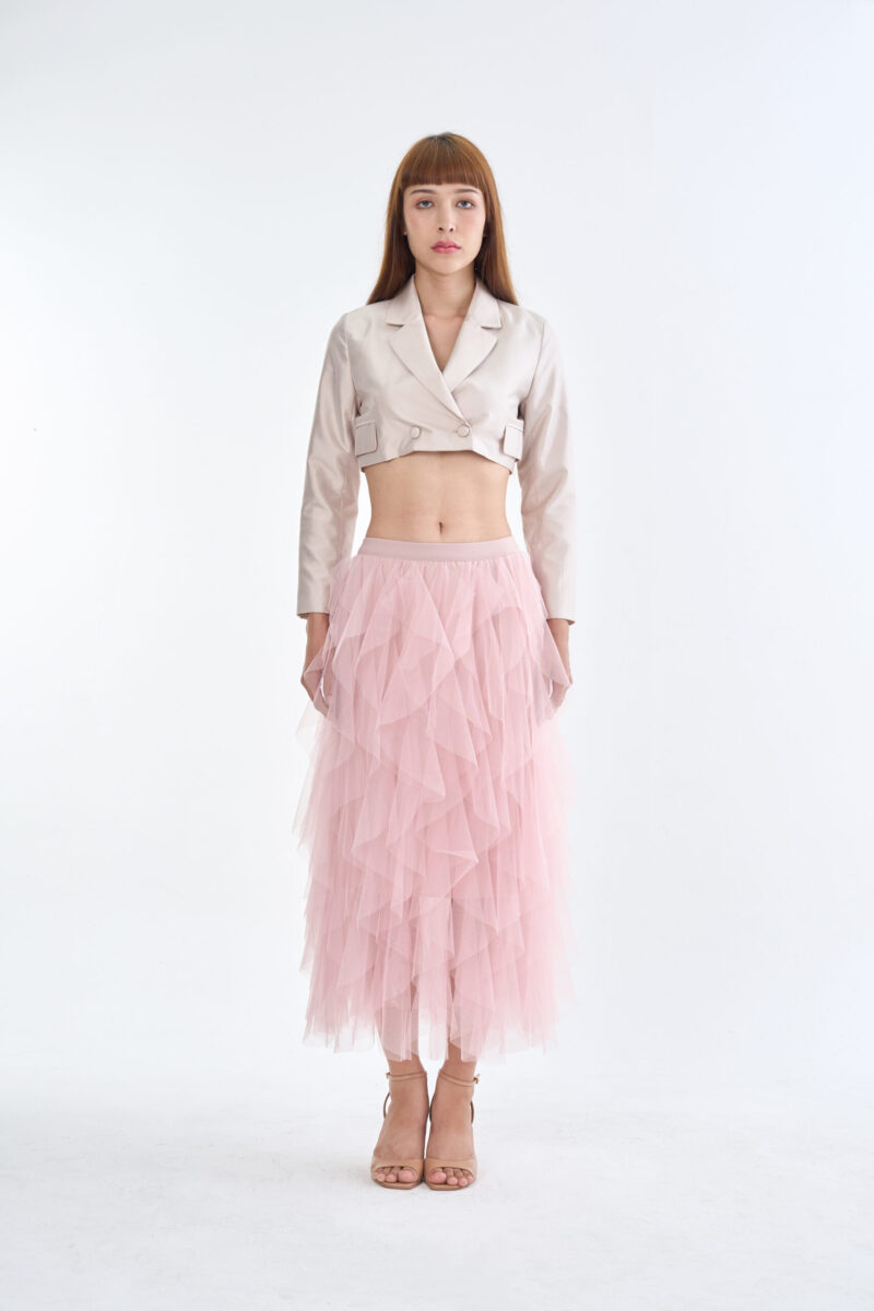 Taupe Tailored Crop Suit with Pink Romance Layered Tulle Skirt